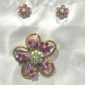 Pink Flower Rhinestone Broach and Earring set
