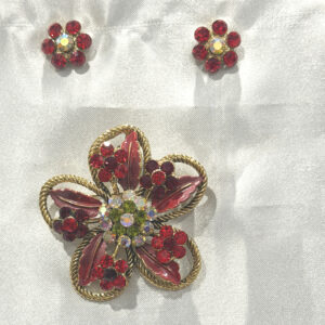 Red Flower Rhinestone Broach and Earring set