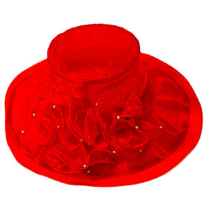Red Organza Foldable Hat Faux Pearls